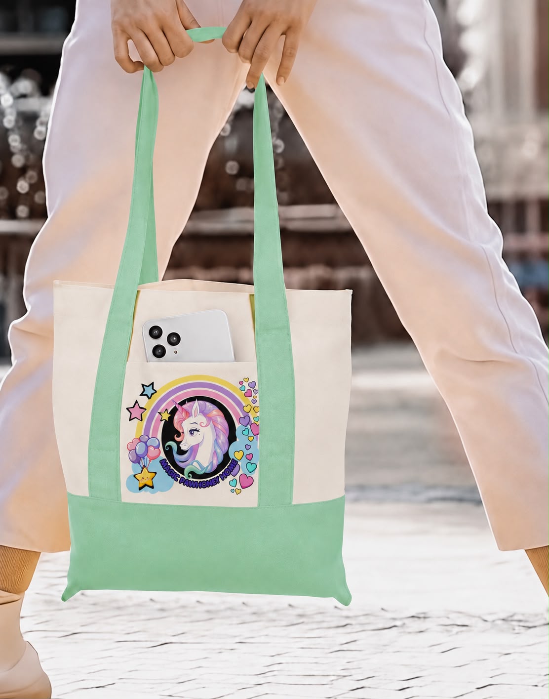 Green tote bag with exclusive unicorn design by PawHoney Home