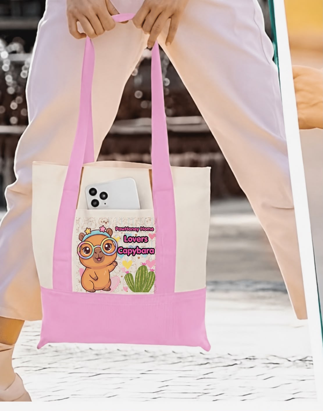Pink tote bag with exclusive capybara design by PawHoney Home