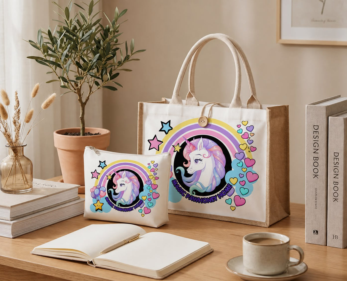Unicorn tote bag and matching pouch with exclusive colorful design by PawHoney Home