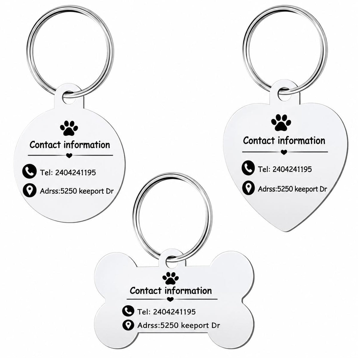 Personalized pet keychains with custom contact information on the back