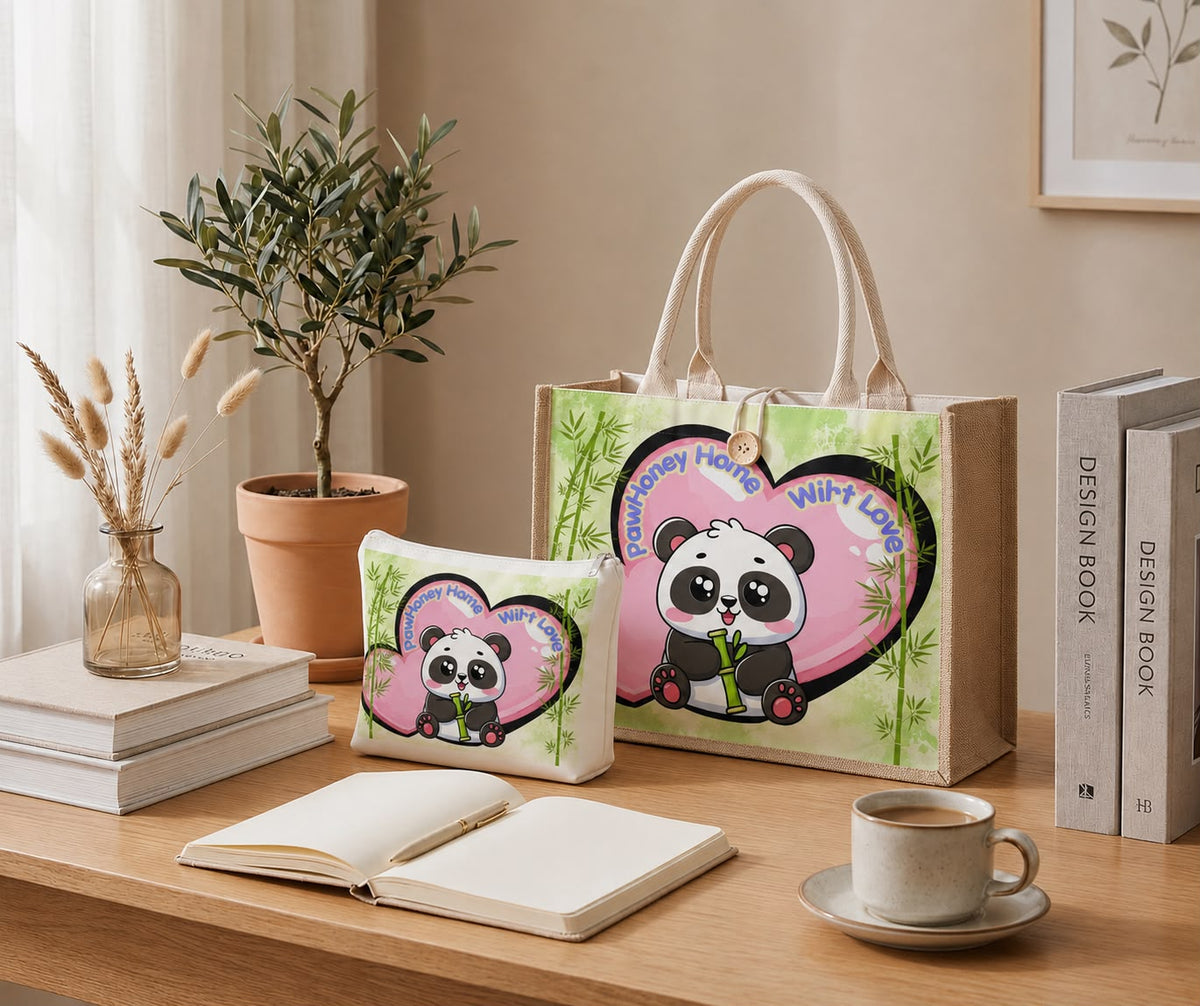 Panda tote bag and matching pouch with exclusive colorful design by PawHoney Home