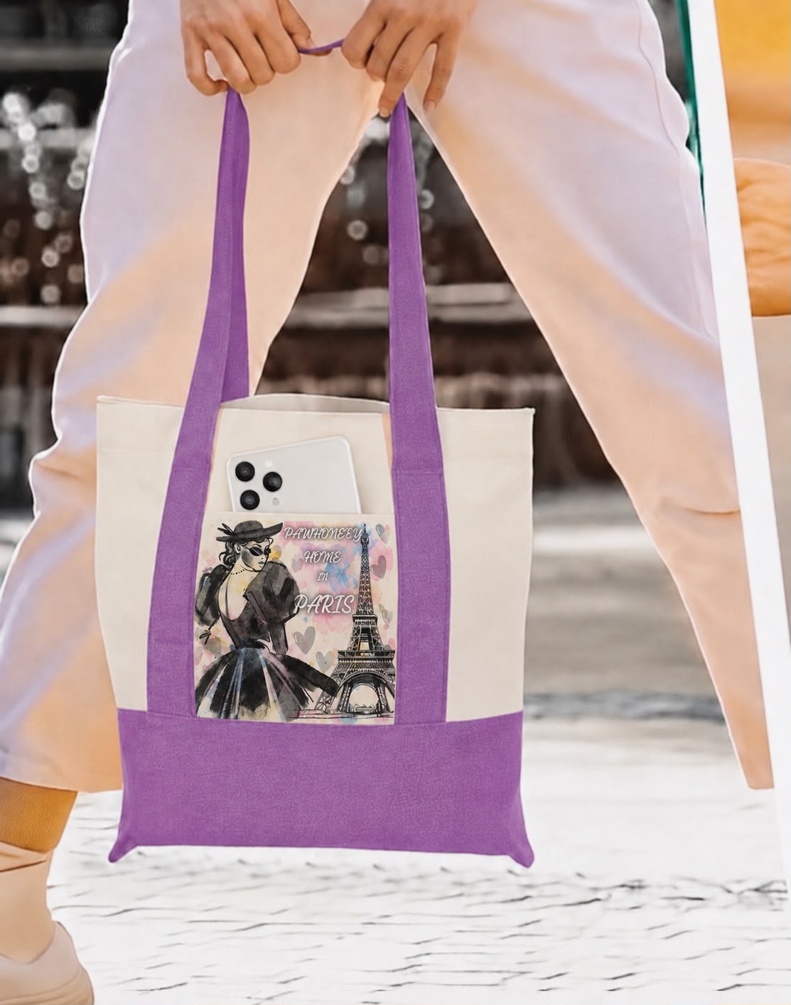 Purple tote bag with exclusive paris design by PawHoney Home