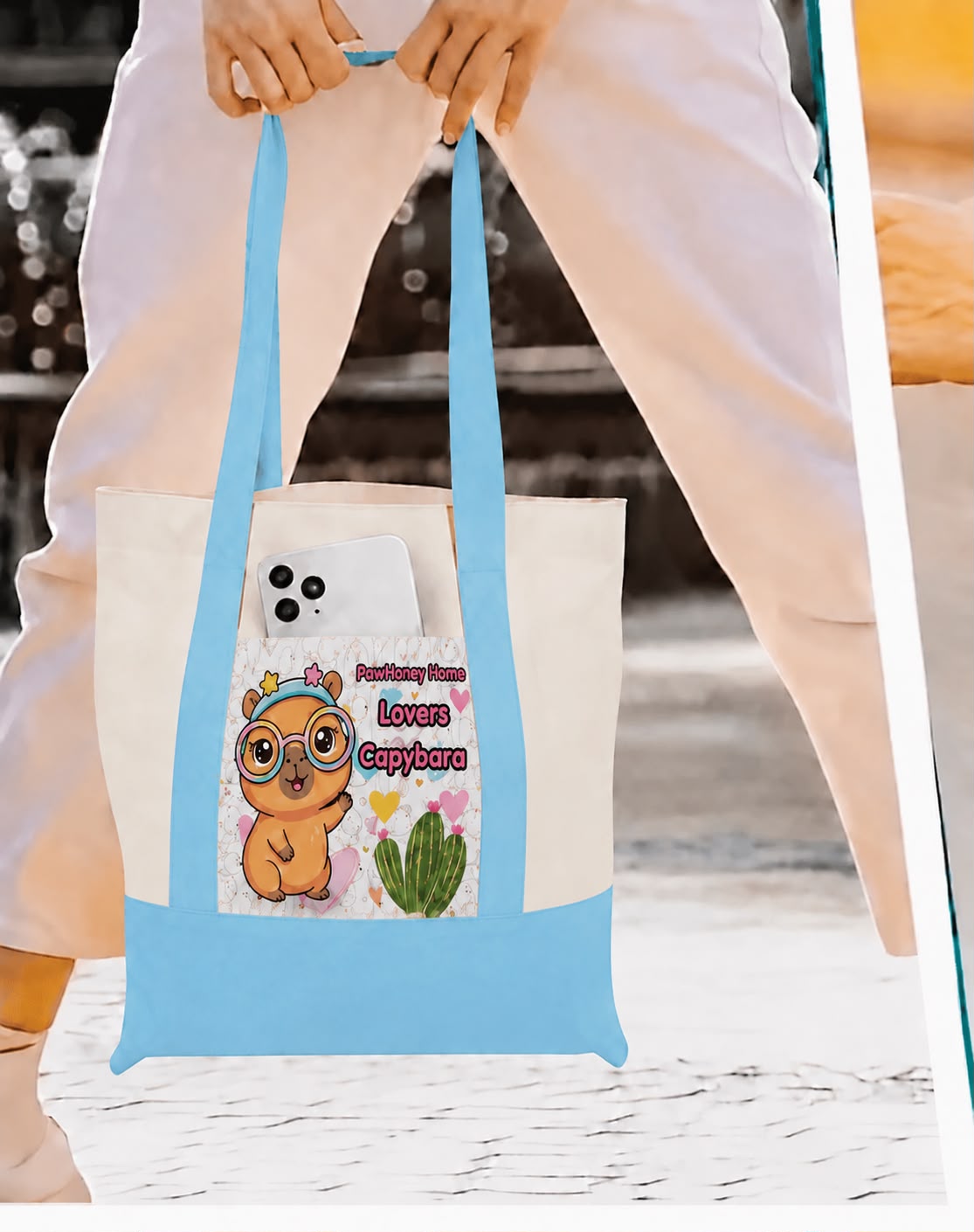 Blue tote bag with exclusive capybara design by PawHoney Home