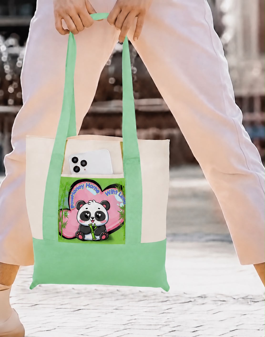 Green tote bag with exclusive panda design by PawHoney Home