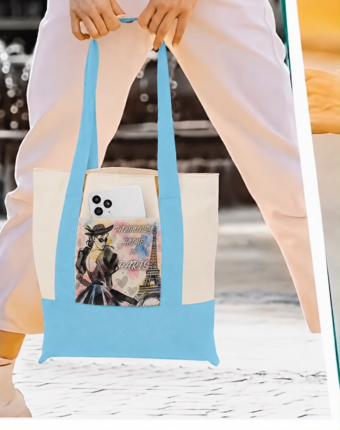 Blue tote bag with exclusive paris design by PawHoney Home