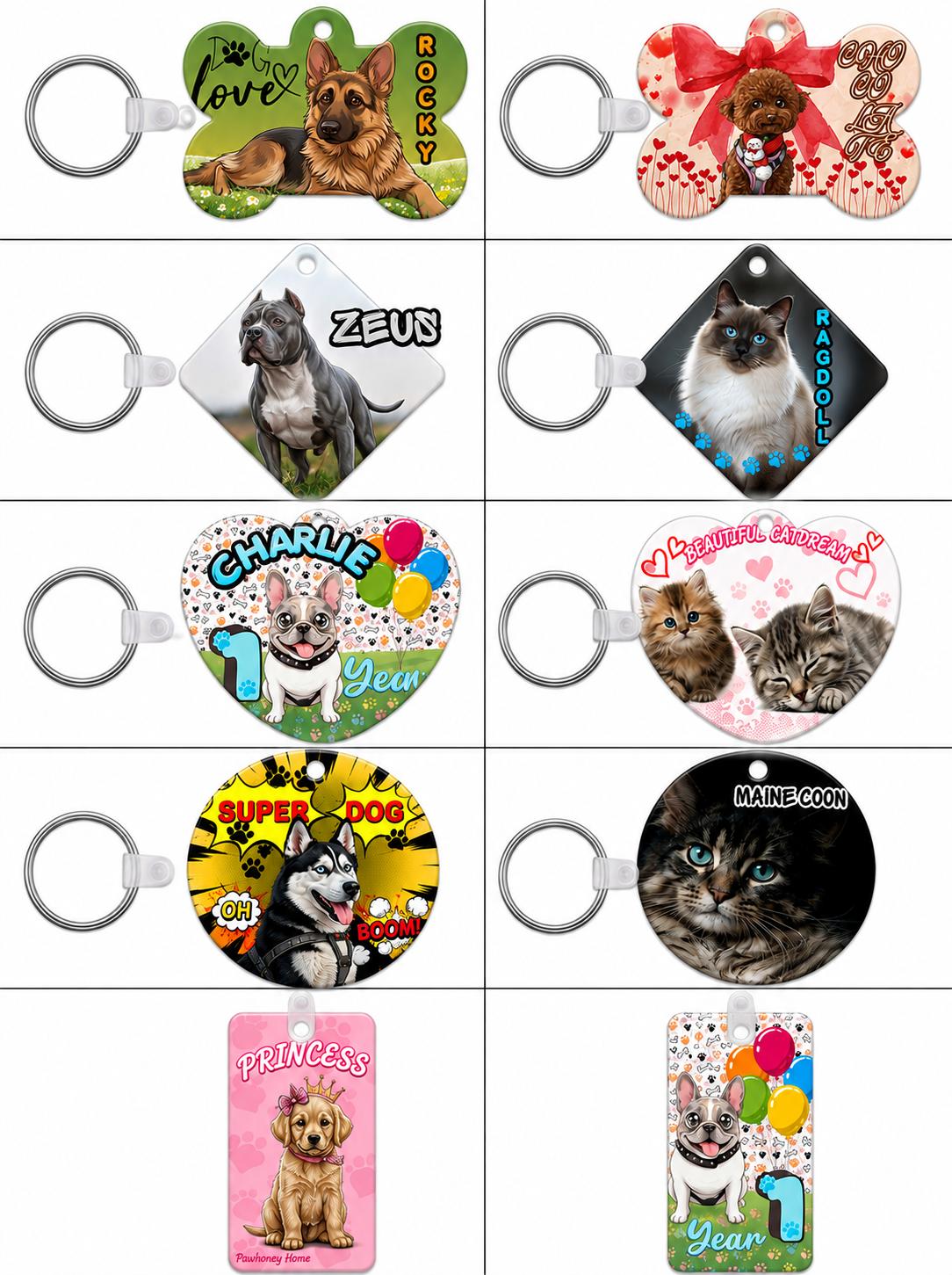 Personalized pet photo keychains with custom dog and cat designs by PawHoney Home